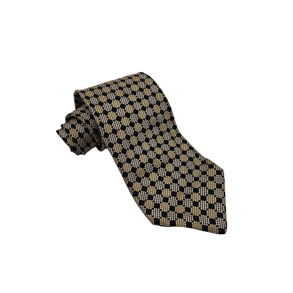 Brioni Silk Tie Geometric Checkerboard Black Gold Silver Italy Luxury Designer